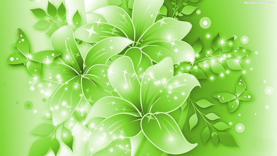 Sparkling Green Floral Illustration with Butterflies and Glowing Leaves HD wallpaper