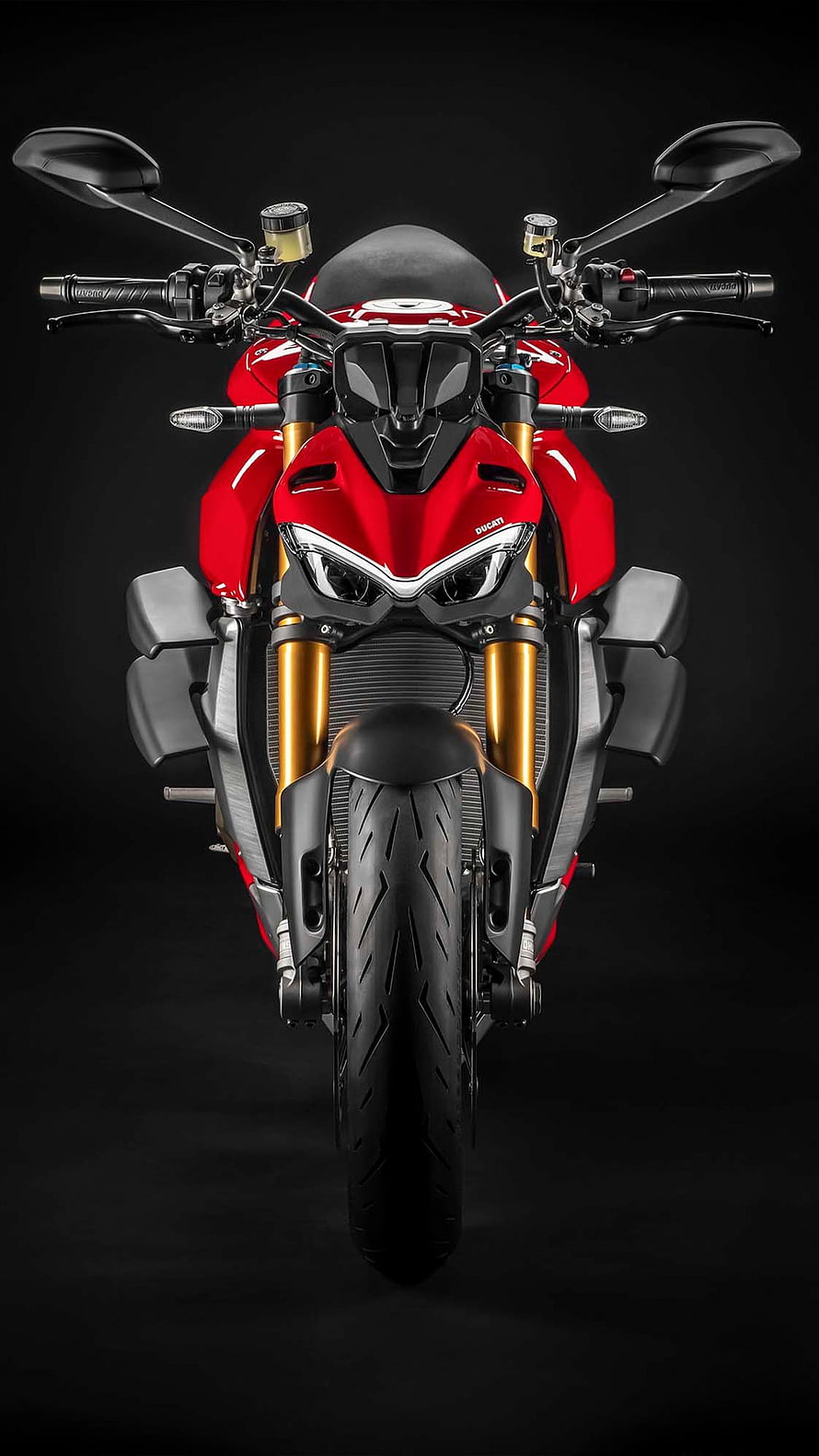 Ducati Streetfighter V4 Ultra Front View Red Sport Motorcycle on Black Background HD phone wallpaper