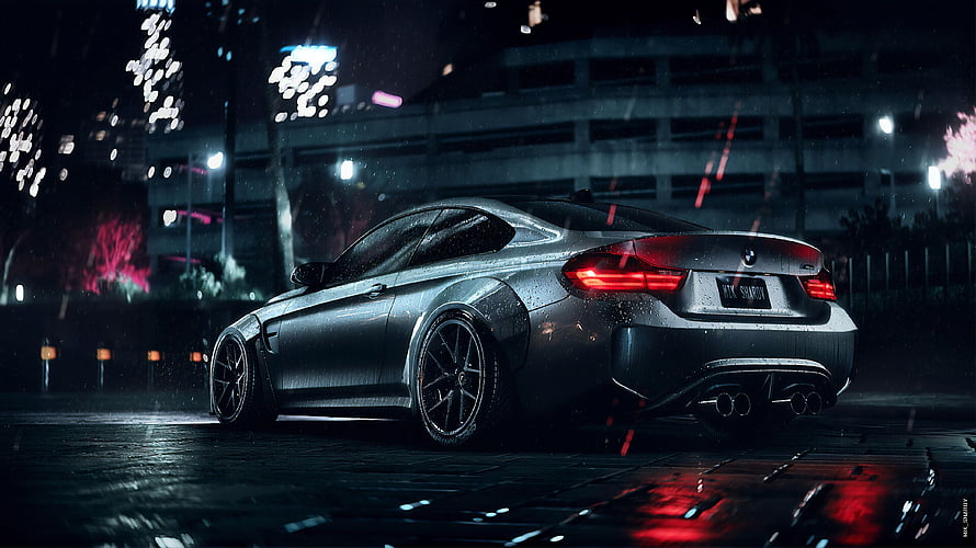 Sleek BMW M4 Coupe in Rainy Night Cityscape with Neon Reflections HD wallpaper