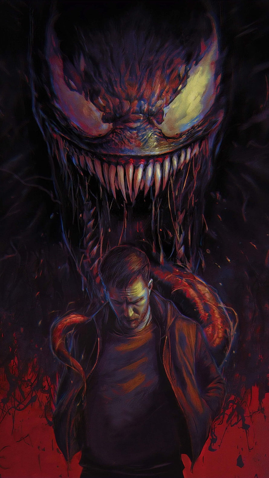 Tom Hardy as Venom with the Symbiote Looming Behind Him in Dark Concept Art HD phone wallpaper