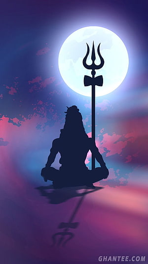 Lord Shiva Silhouette Meditating with Trishul Against a Glowing Full Moon HD phone wallpaper