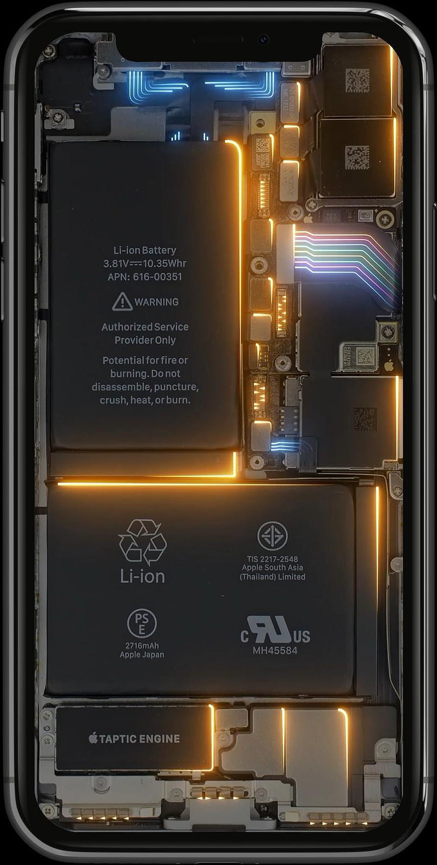 Illuminated iPhone Internal Hardware with Glowing Circuit Traces and Battery Components HD phone wallpaper