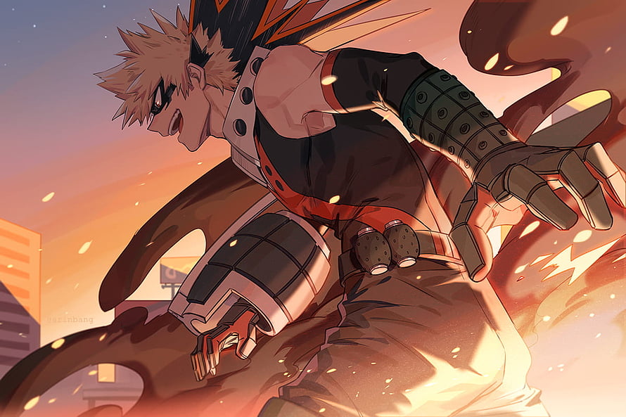 Bakugou Katsuki in Dynamic Action Pose with Explosive Energy and Spiky Hair HD wallpaper
