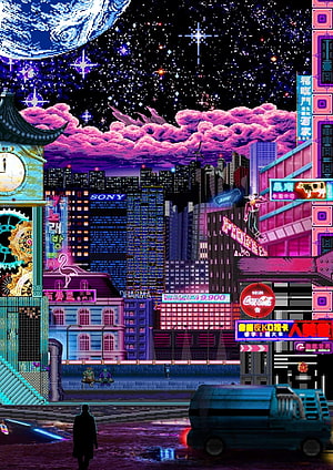 Neon Tokyo Cityscape Pixel Art with Starry Sky and Retro Japanese Signage HD phone wallpaper