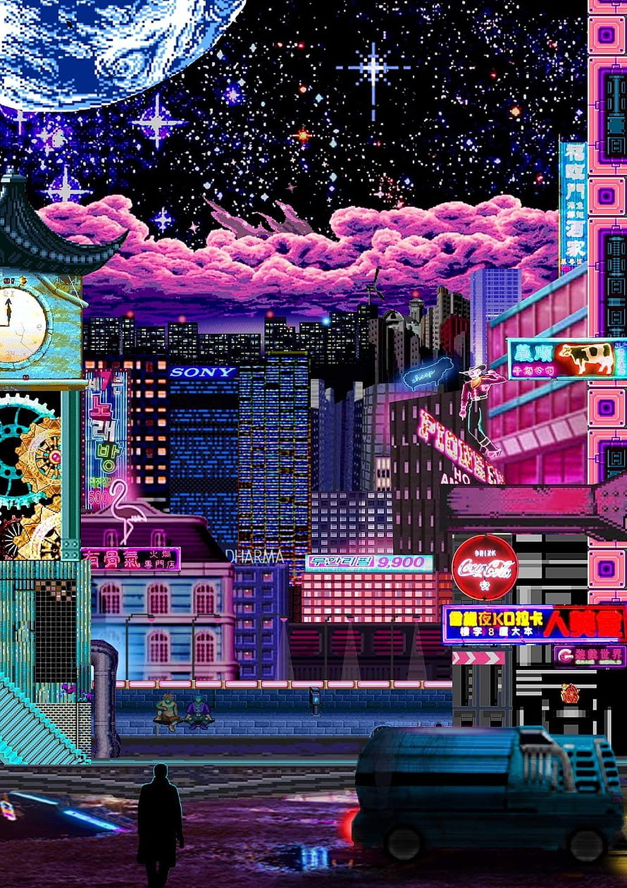 Retro Cyberpunk Cityscape with Neon Signs and Pixel Art Skyline HD phone wallpaper
