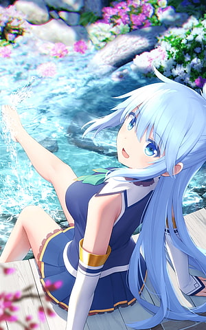 Aqua from Konosuba Sitting by a Stream with Flowers and Water Splashes HD phone wallpaper