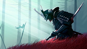 Dark Samurai Warrior Kneeling in Misty Forest with Red Grass and Bloodied Katana HD wallpaper