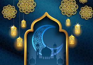 Islamic Ramadan Greeting Card with Gold Lanterns, Crescent Moon, and Mosque Silhouette HD wallpaper