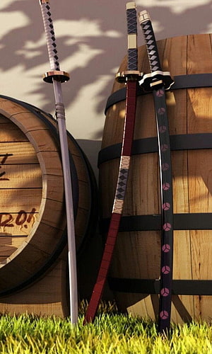 Roronoa Zoro's Three Katanas Leaning Against Wooden Barrels in One Piece HD phone wallpaper