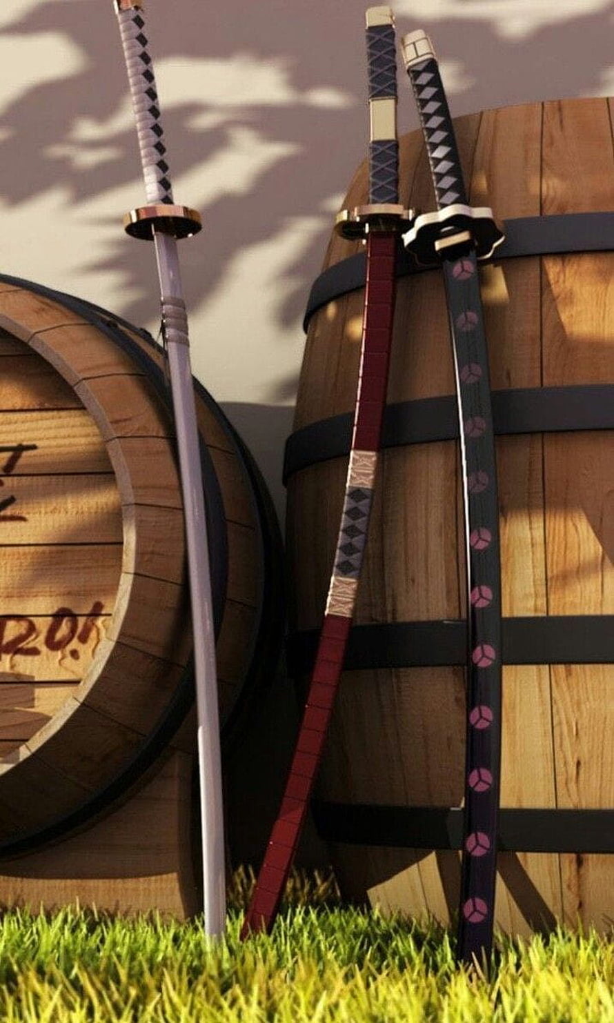 Roronoa Zoro's Three Katanas Leaning Against Wooden Barrels in One Piece HD phone wallpaper