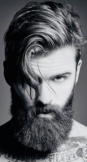 Black and White Portrait of a Bearded Man with Long Swept Hair and Chest Tattoos, Men Hairstyle, men haircut HD phone wallpaper