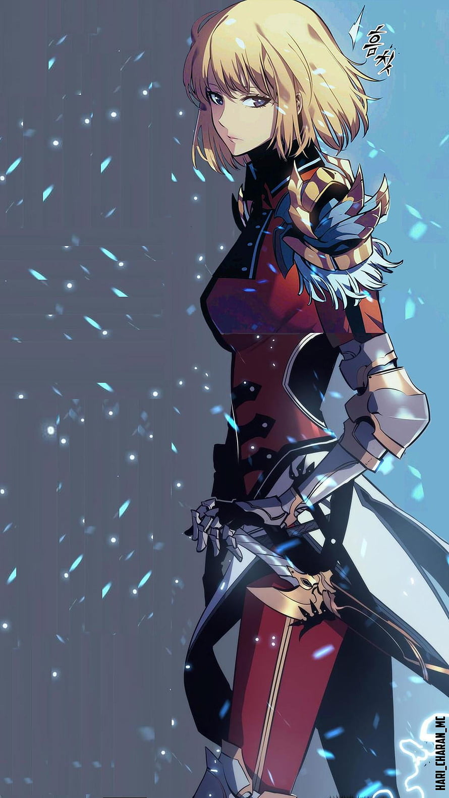 Cha Hae In in ornate red and black armor holding a sword in a snowy scene HD phone wallpaper