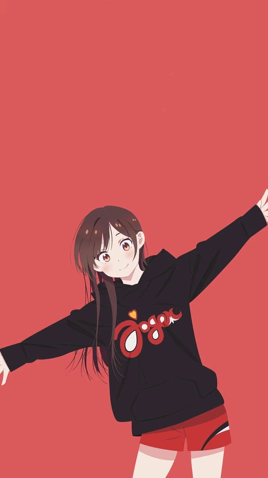 Mizuhara Chizuru Anime Girl in Black Hoodie and Red Shorts on Red Background HD phone wallpaper