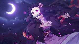 Nezuko Kamado from Demon Slayer in a Dynamic Nighttime Pose Under a Crescent Moon HD wallpaper