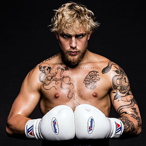 Jake Paul Boxing Portrait with White Winning Gloves and Chest Tattoos HD phone wallpaper