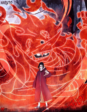Uchiha Itachi and the Red Susanoo Spirit in Naruto Anime Artwork HD phone wallpaper