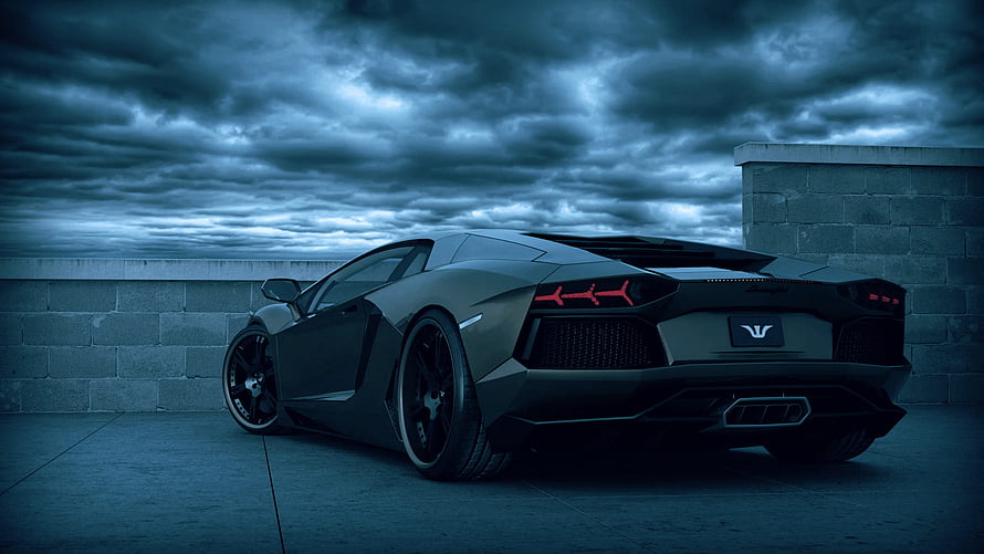 Black Lamborghini Aventador Rear View Under Dramatic Stormy Sky HD wallpaper