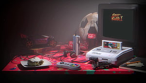 Nostalgic 90s Gaming Setup Featuring Super Nintendo, Street Fighter II, and Vintage Collectibles HD wallpaper