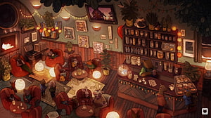 Cozy Animal Cafe Interior With Warm Lighting And Red Armchairs HD wallpaper