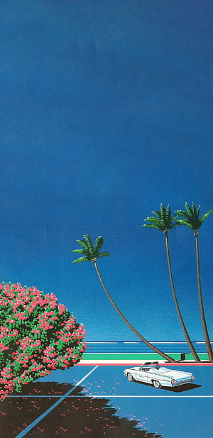 Hiroshi Nagai Tropical Illustration with Classic Convertible and Palm Trees HD phone wallpaper