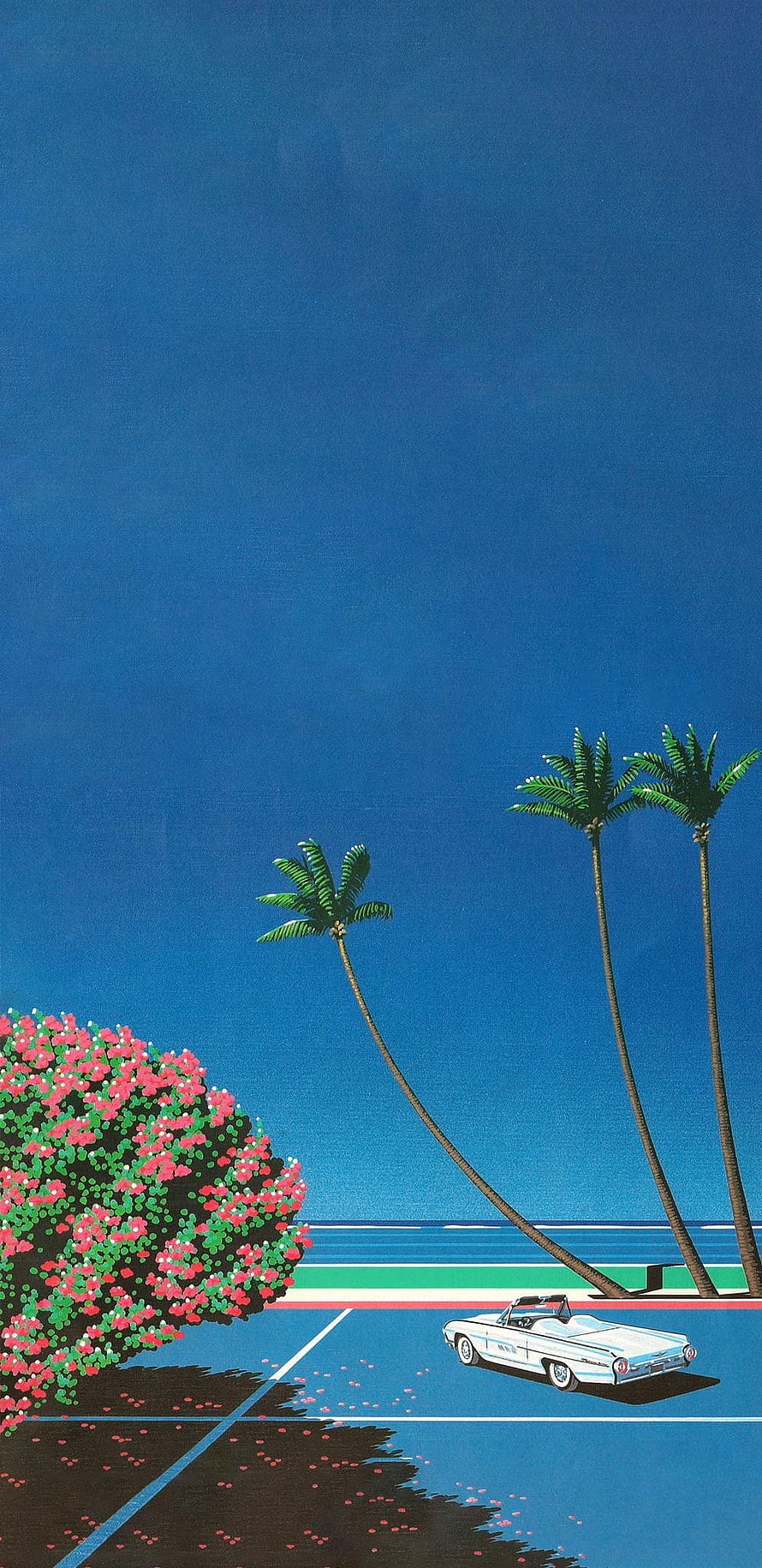 Hiroshi Nagai Tropical Illustration with Classic Convertible and Palm Trees HD phone wallpaper