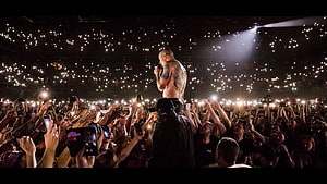 Chester Bennington performing shirtless on stage during a Linkin Park concert with a massive crowd HD wallpaper