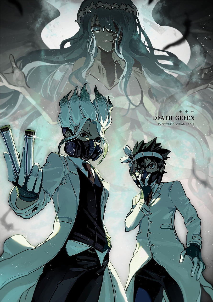 Dr. Stone Anime Characters in White Coats with Gas Masks and Sci-Fi Gear HD phone wallpaper
