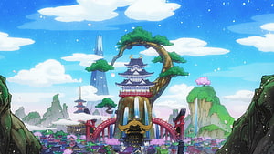 One Piece Wano Country Anime Landscape with Pagoda and Cherry Blossoms HD wallpaper