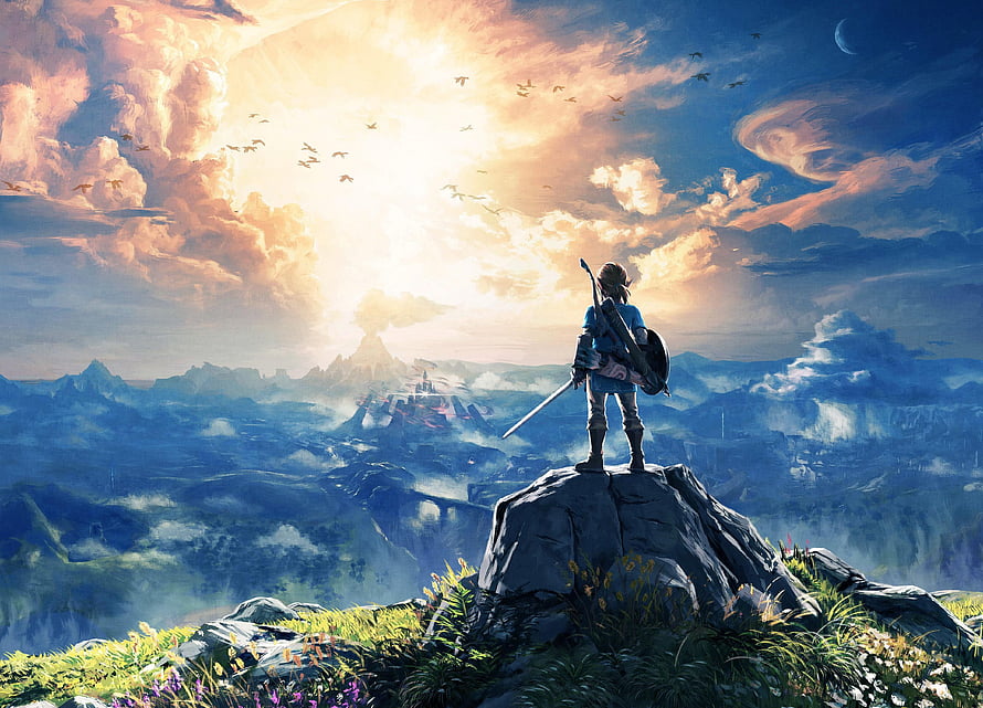The Legend of Zelda Breath of the Wild Hero Standing on Cliff Overlooking Vast Landscape HD wallpaper