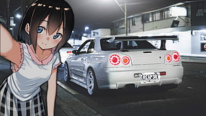 Anime Girl Taking Selfie Next to White Nissan Skyline GT-R R34 at Night HD wallpaper