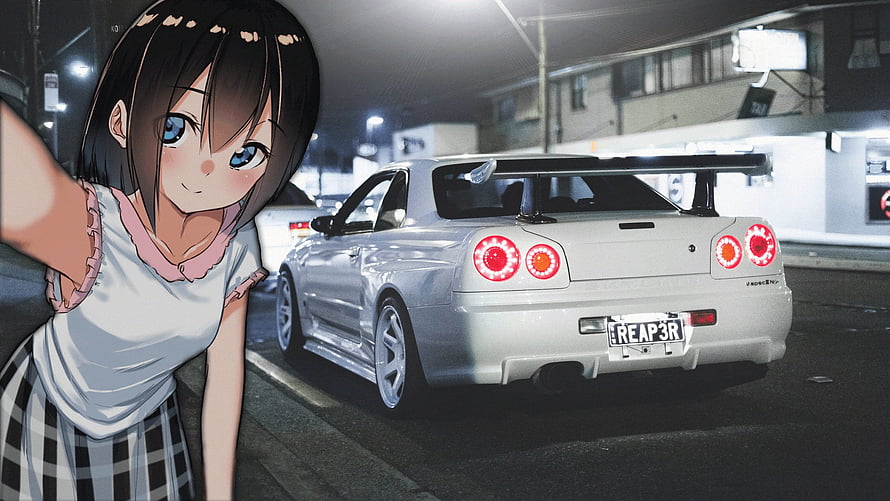Anime Girl Taking Selfie Next to White Nissan Skyline GT-R R34 at Night HD wallpaper