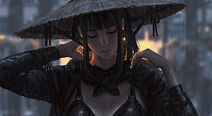 Digital Art of a Female Warrior in the Rain with a Traditional Bamboo Hat HD wallpaper