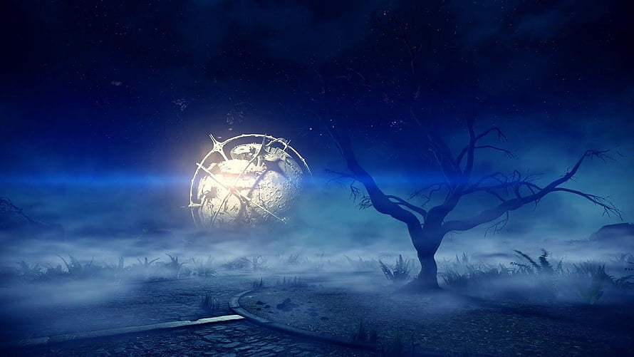 Warframe Night Scene with Glowing Orb and Dead Tree in Misty Landscape HD wallpaper
