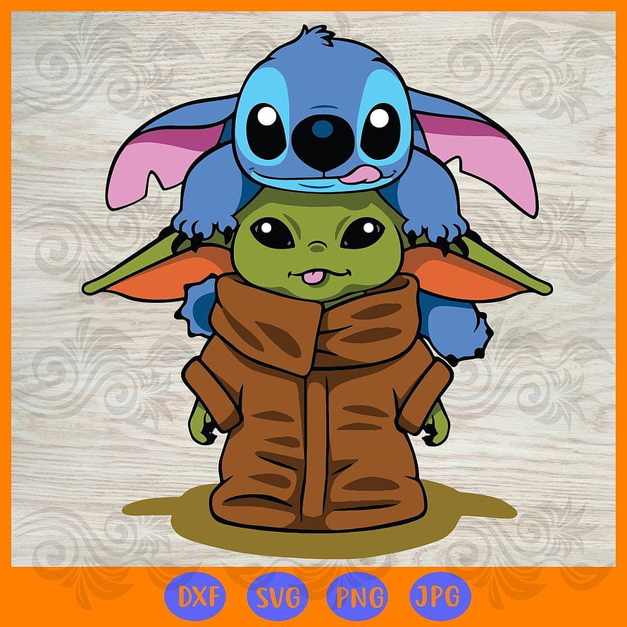Cute Cartoon Baby Yoda and Stitch Stacked Together in Brown Robe HD phone wallpaper