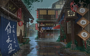 Rainy Japanese Street Scene with Traditional Buildings and Lanterns HD wallpaper