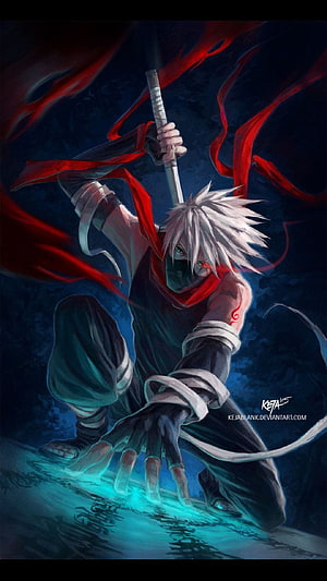 Kakashi Hatake in Dynamic Combat Pose with Chakra Blade and Red Energy HD phone wallpaper