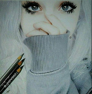 Realistic Pencil Drawing of a Girl with Silver Hair and Blue Eyes HD phone wallpaper
