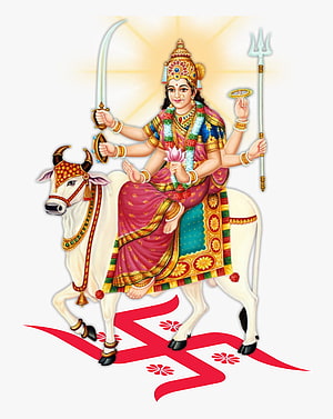 Umiya Mataji Riding White Bull with Sword and Trident in Traditional Indian Art HD phone wallpaper