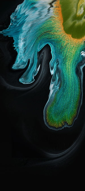 Abstract Fluid Art with Teal and Gold Swirls on Black Background HD phone wallpaper
