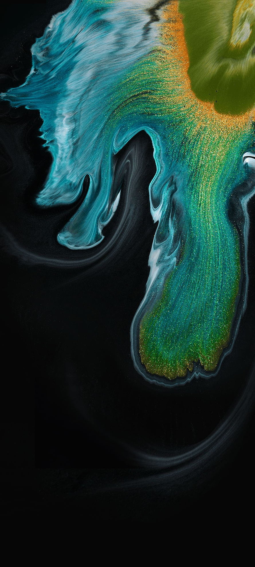 Abstract Fluid Art with Teal and Gold Swirls on Black Background HD phone wallpaper