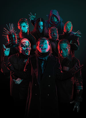 Slipknot Band Members in Iconic Masks with Dramatic Red and Blue Lighting HD phone wallpaper