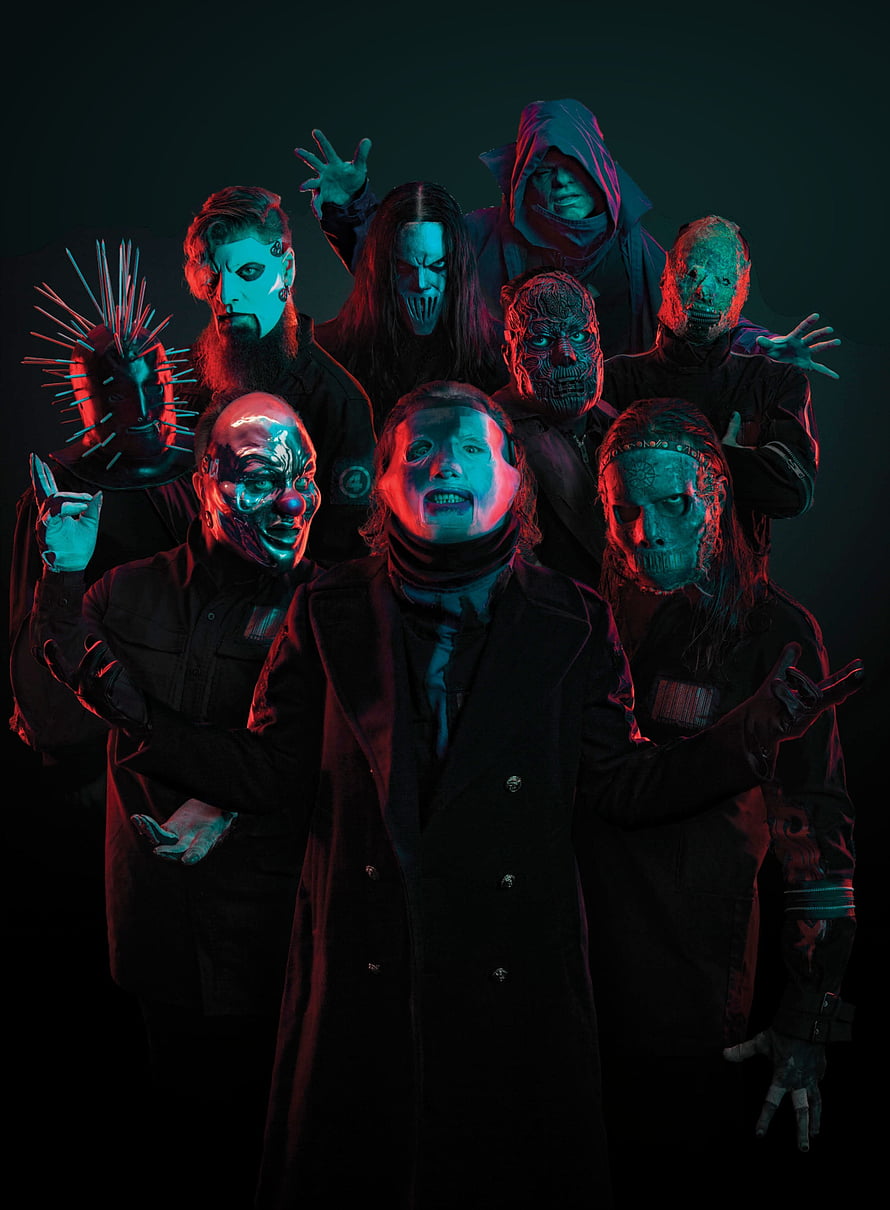 Slipknot Band Members in Iconic Masks with Dramatic Red and Blue Lighting HD phone wallpaper