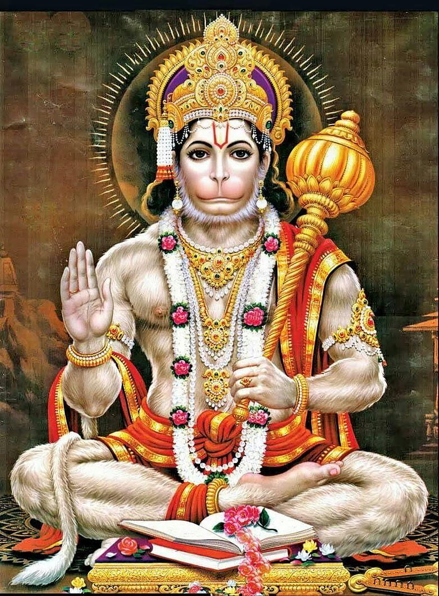 Lord Hanuman Seated in Meditation with Gada and Sacred Text HD phone wallpaper