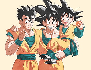 Goku, Gohan, and Goten in Orange and Teal Gi | Dragon Ball Family Portrait HD wallpaper