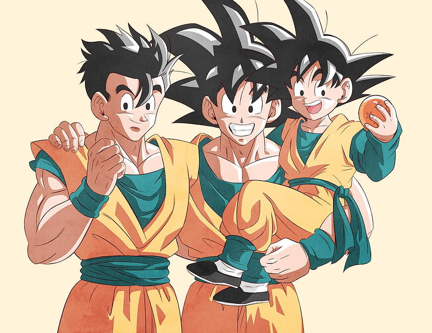 Goku, Gohan, and Goten in Orange and Teal Gi | Dragon Ball Family Portrait HD wallpaper