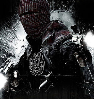 Armed Combatant in Red and White Headscarf Firing Dual Pistols Amidst Explosive Debris HD phone wallpaper