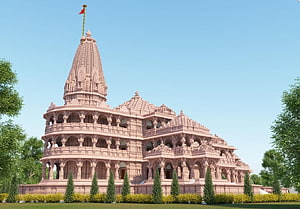 Ram Mandir Ayodhya Temple Architecture with Pink Sandstone Shikhara and Flag HD wallpaper