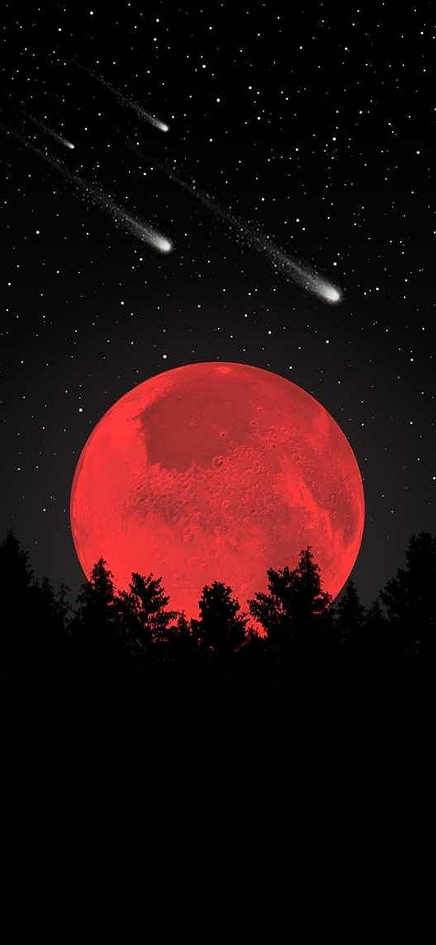 Vivid Red Moon Rising Over Dark Forest Silhouette With Shooting Stars in Night Sky HD phone wallpaper