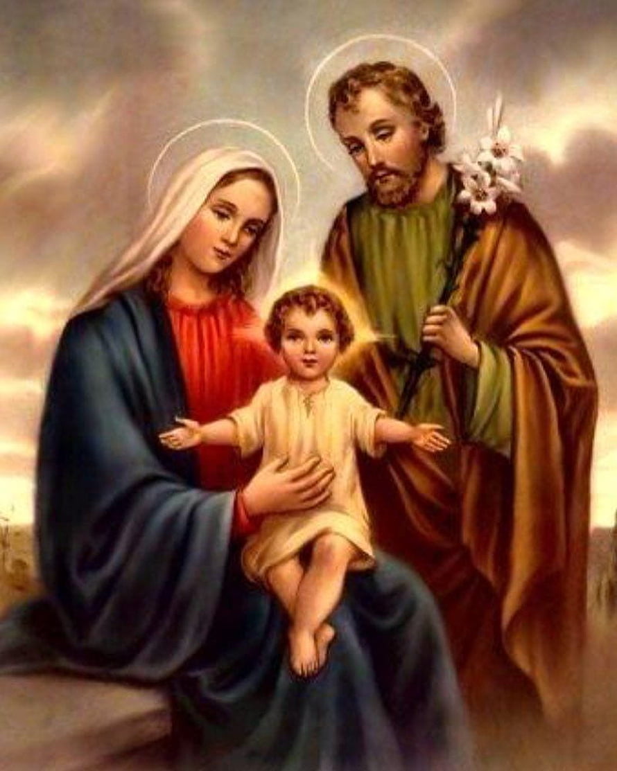 Holy Family Religious Painting of Mary, Joseph, and Child Jesus with Halos HD phone wallpaper