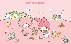 My Melody and Friends in a Pastoral Spring Landscape with Flowers and Animals HD wallpaper